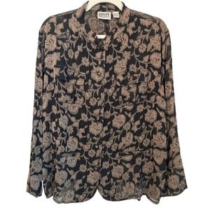 Chicos Vintage Sheer Silk Blend Burnout Floral Blouse Size 3 XL Black Bronze